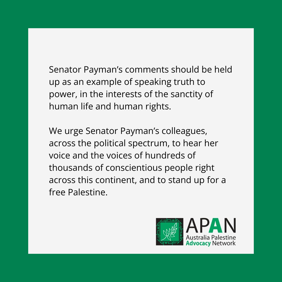 The Australia Palestine Advocacy Network thanks @SenatorPayman for her strong statements of support and solidarity for Palestine today. #auspol #freepalestine #endthegenocide