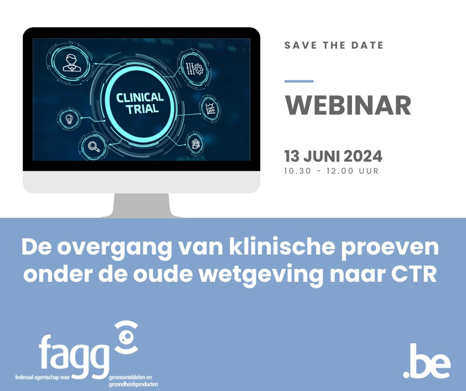 Alle lopende klinische proeven in de EU moeten voor 31 januari 2025 zijn overgezet op het Clinical Trials Information System (CTIS). Het FAGG organiseert op 13.06.2024 een webinar voor alle stakeholders. Alle info: fagg.be/nl/news/minder…