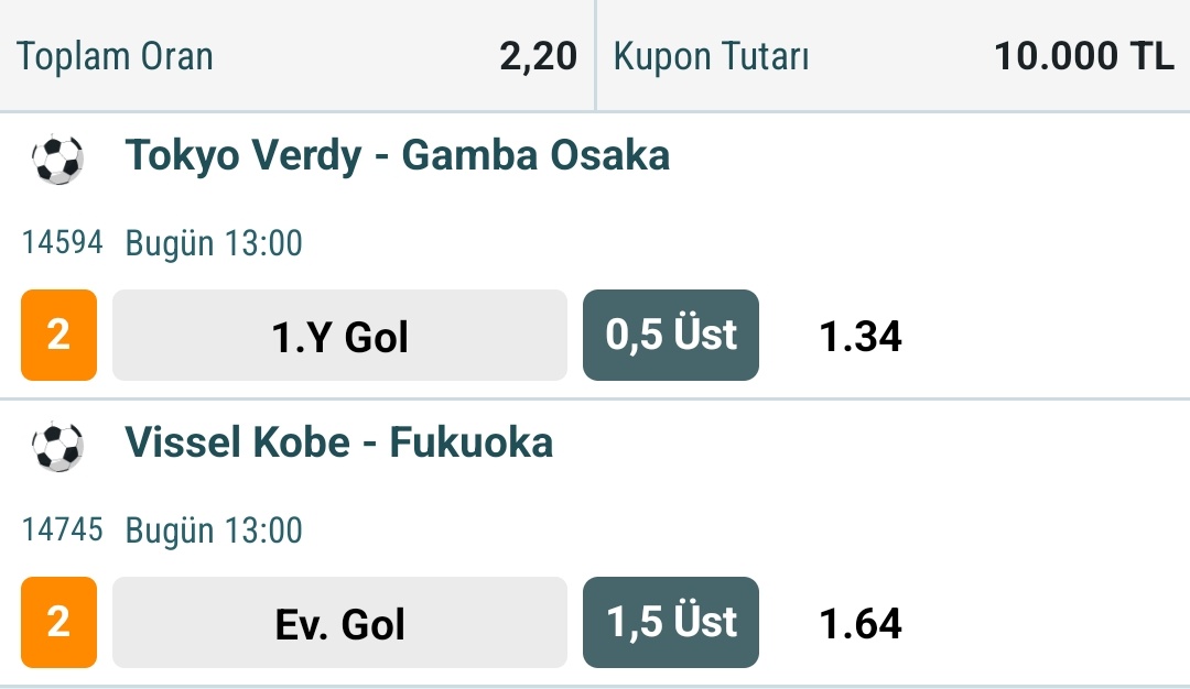 Çarşamba Japonya Kombine ⚽ Kombineyi alıp kenara atalım. Harici olarakta ilk ve ikinci yarılarına 2 adım kasa katlama deneyeceğim. 13.00 civarı ilk adımı paylaşmış olurum. Herkese bol şanslar.