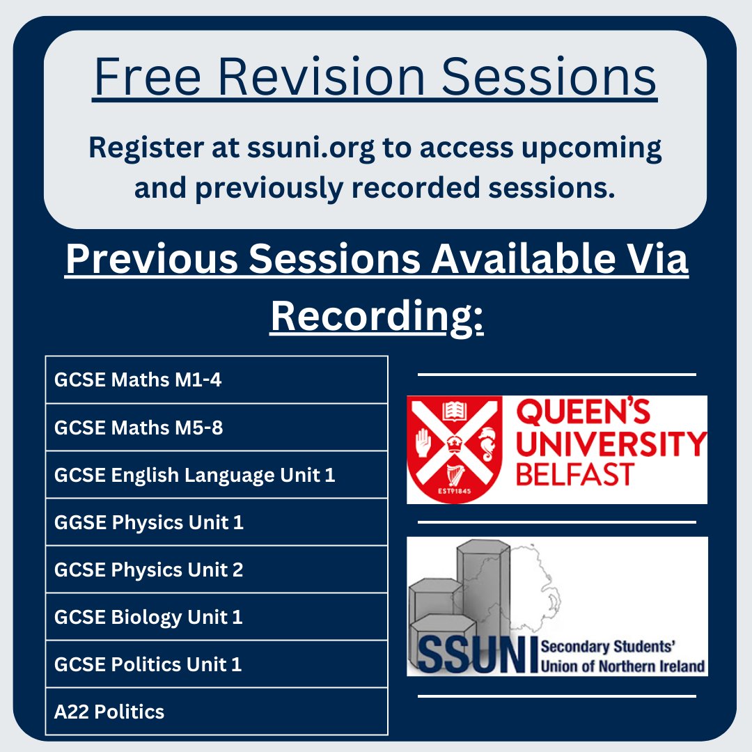 ✏️✏️ The full timetable for our FREE revision sessions in collaboration with @QUBelfast's PGCE centre!

Get access to these LIVE sessions and previously recorded sessions here: ssuni.org/register-for-f….