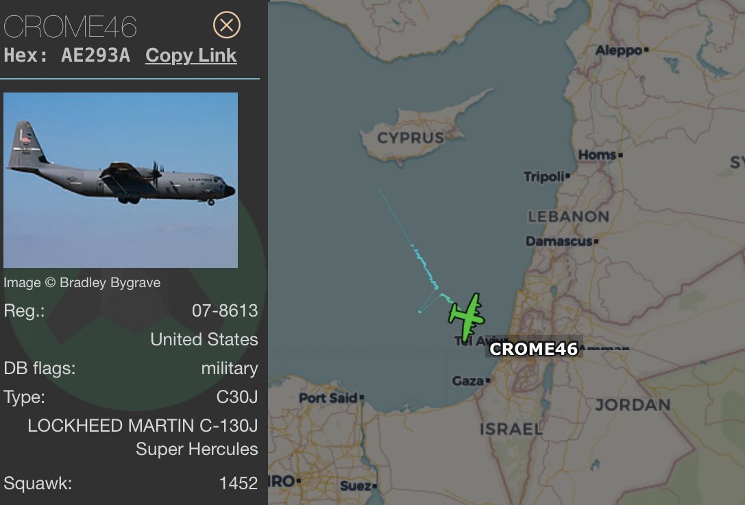 ‼️🇺🇸-🇮🇱US Arms Delivery to Nevatim Air Base, Israel.

US TRANSCOM ✈️ Western Global CMB376 • MD-11F (reg. N804SN) from Sigonella.

US Air Force ✈️ C-130 CROME46 (reg. 07-8613) from Pafos. Hidden from public tracking.