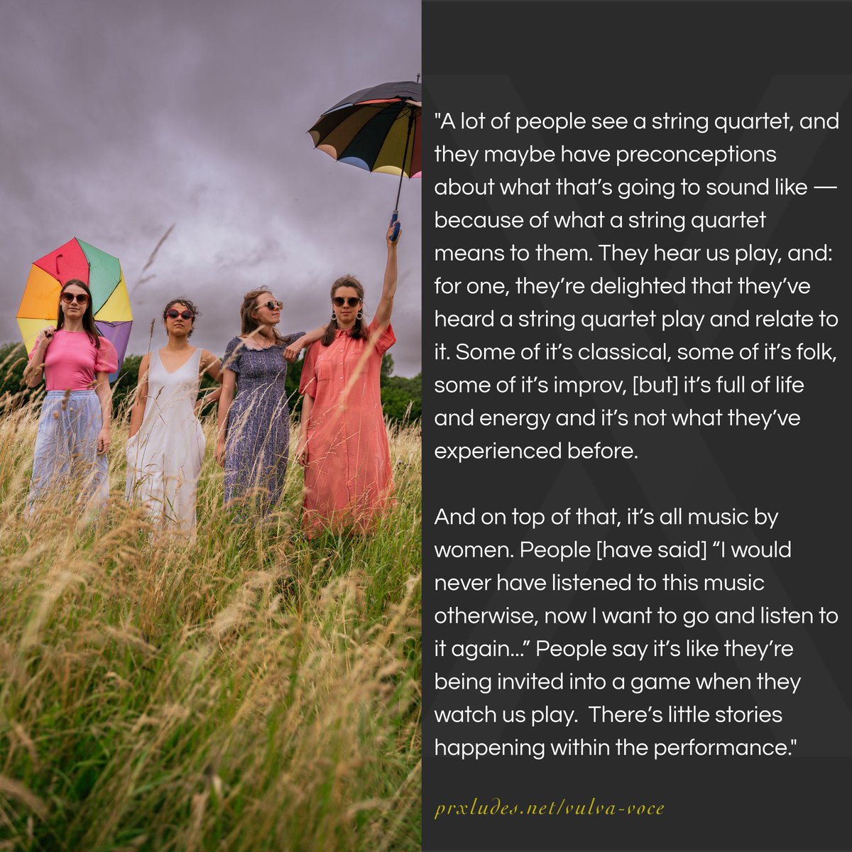 PRXLUDES (@prxludes) on Twitter photo Trailblazing string quartet <a href="/vulvavoce/">Vulva Voce</a> bring their genre-defying performance to <a href="/through_t_noise/">through the noise</a> this Saturday at the Jago, Dalston 🔥 🔥 🔥 learn more about Vulva Voce on PRXLUDES:
buff.ly/3wB24I4 Trailblazing string quartet <a href="/vulvavoce/">Vulva Voce</a> bring their genre-defying performance to <a href="/through_t_noise/">through the noise</a> this Saturday at the Jago, Dalston 🔥 🔥 🔥 learn more about Vulva Voce on PRXLUDES:
buff.ly/3wB24I4