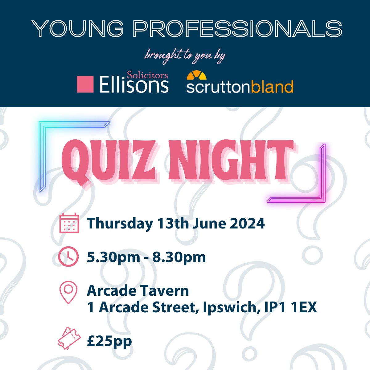 Join us for a competitive quiz night at Arcade Tavern, Ipswich on Thursday 13 June for our next #YoungProfessionals event with @ScruttonBland - the perfect (and fun!) way to start building up your network.

Find out more & book your place👉 eventbrite.co.uk/e/young-profes… #Networking