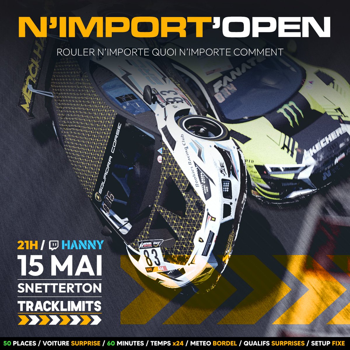 Ce soir a 20h30 lancement du live pour une course au format inédit ! 

Seul le circuit est connu de la part des pilotes, qui auront la voiture surprise ainsi que toutes les autres conditions de la course. 

Des qualifs 🤣  j'ai hâte !

twitch.tv/hanny017tv