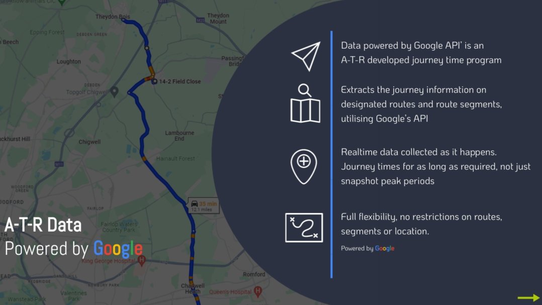 A-T-R (@atrsurveys) on Twitter photo A-T-R Data powered by Google API’ is an A-T-R developed journey time program, which extracts the journey information on designated routes and route segments, utilising Google’s API. Get in touch for more information info@a-t-r.co.uk
#data #API #journeytime #route #innovation A-T-R Data powered by Google API’ is an A-T-R developed journey time program, which extracts the journey information on designated routes and route segments, utilising Google’s API. Get in touch for more information info@a-t-r.co.uk
#data #API #journeytime #route #innovation