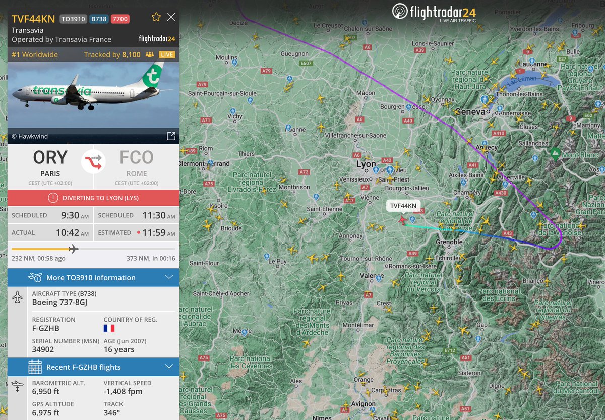 Originally operating a flight from Paris (ORY) to Rome (FCO), #TO3910 is diverting to Lyon (LYS) and squawking 7700. Reason currently unknown. flightradar24.com/TVF44KN/3539df…

More info on squawking 7700 here. flightradar24.com/blog/what-are-…