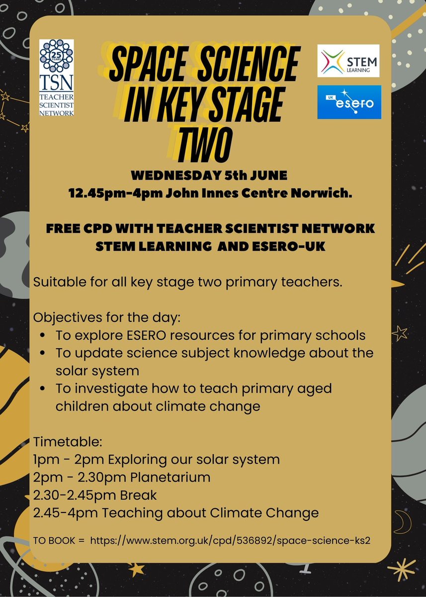 Claire Seeley (@seeley_claire) on Twitter photo Norfolk Primary Teachers some and join us for some FREE space science / Climate Change CPD.
Wednesday 5th June - John Innes Centre - 12.45-4pm
To book or find out more: stem.org.uk/cpd/536892/spa…
@EastAngliaSLP <a href="/TSNphil/">Dr. Phil Smith</a> <a href="/vnetcic/">VNET Education CIC</a> <a href="/UEADave/">Dave Jones</a> <a href="/Psqm_HQ/">Primary Science Quality Mark</a> <a href="/AsePrimary/">ASE Primary Committee</a> <a href="/DNEAT_Academies/">DNEAT Academies</a> Norfolk Primary Teachers some and join us for some FREE space science / Climate Change CPD.
Wednesday 5th June - John Innes Centre - 12.45-4pm
To book or find out more: stem.org.uk/cpd/536892/spa…
@EastAngliaSLP <a href="/TSNphil/">Dr. Phil Smith</a> <a href="/vnetcic/">VNET Education CIC</a> <a href="/UEADave/">Dave Jones</a> <a href="/Psqm_HQ/">Primary Science Quality Mark</a> <a href="/AsePrimary/">ASE Primary Committee</a> <a href="/DNEAT_Academies/">DNEAT Academies</a>