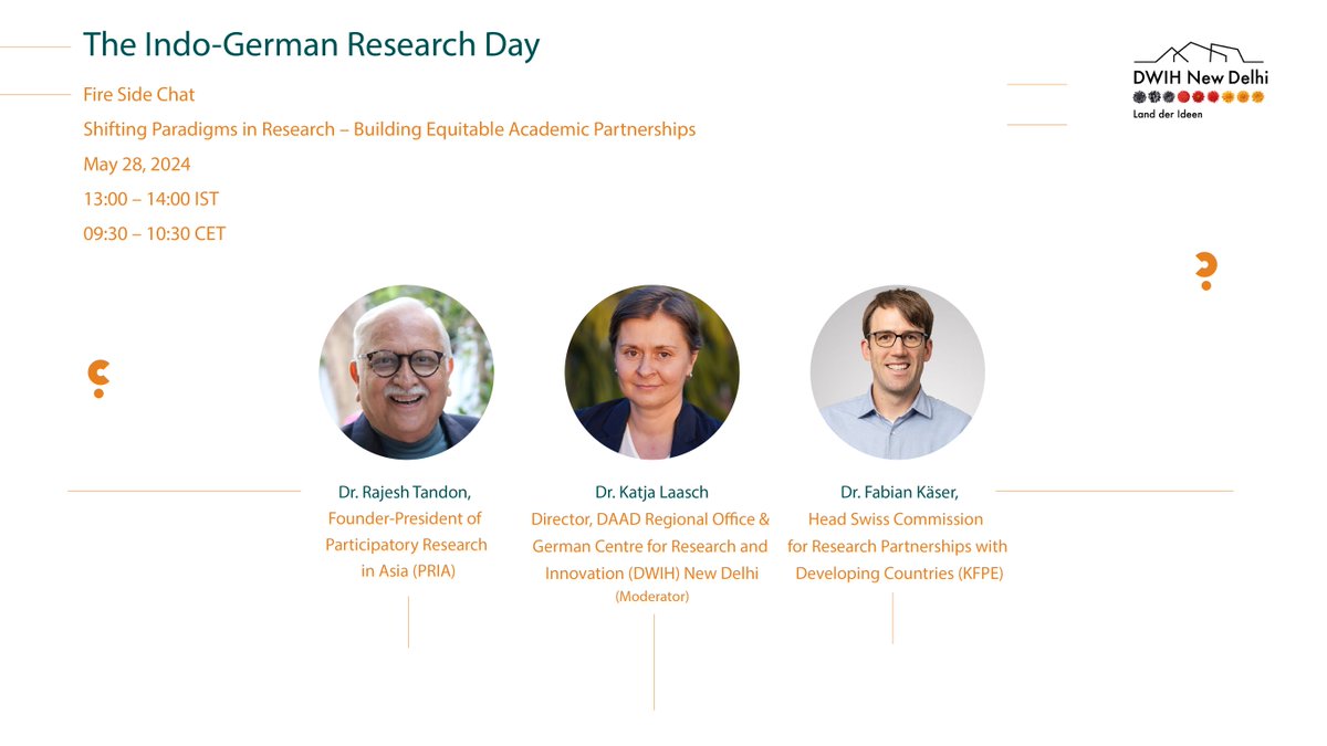 Check out upcoming panels for #IndoGermanResearchDay🚀 Discussions on #researchfunding & #AI 's impact on #research & opening fire side chat on 📣Shifting Paradigms in #Research – Building Equitable #Academic #Partnerships 📅 28.5.24 🕕12:30 PM -6:30 PM 🔗dwih-newdelhi.org/en/event/indo-…