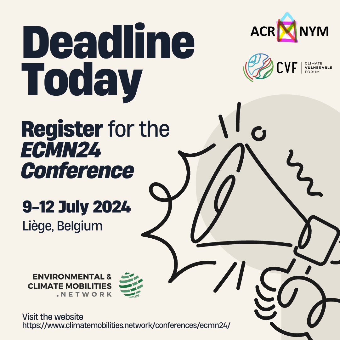 📣Last call to register📣

💭Willing to dive into the nexuses between environmental changes and human mobility? 
🔜 Fill the registration form within TODAY and join us at the #ECMN24 Conference👥
📝lnkd.in/eD3kVup7 

ℹ In-Person Event ONLY