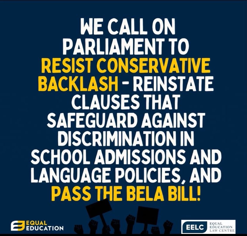 RIGHT NOW the Portfolio Committee is considering the amended BELA Bill. We urge Parliament to reinstate VITAL SAFEGUARDS against DISCRIMINATION in school language and admissions policies, and PASS the BELA Bill. We MUST prioritise poor and working class learners across SA ✊🏾📚