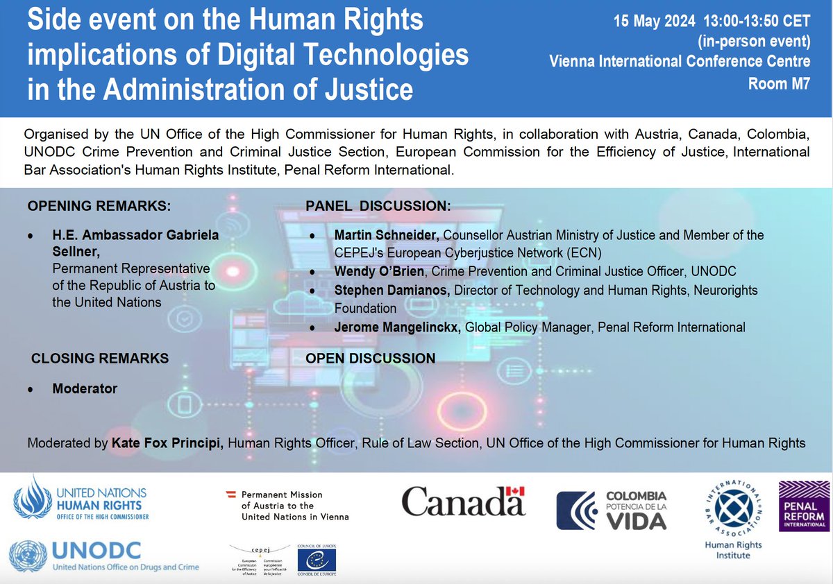 I'm delighted to be joining this panel to discuss the human rights implications of using AI in the criminal justice system. Many thanks to @UNHumanRights for organising this important event!