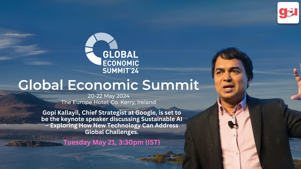 🌟 Spotlight on Innovation 🌟 Join Gopi Kallayil, Chief Evangelist at Google, at the Global Economic Summit 2024! Discover how AI and technology drive sustainability and environmental protection. #SustainableFuture #TechInnovation #GES2024