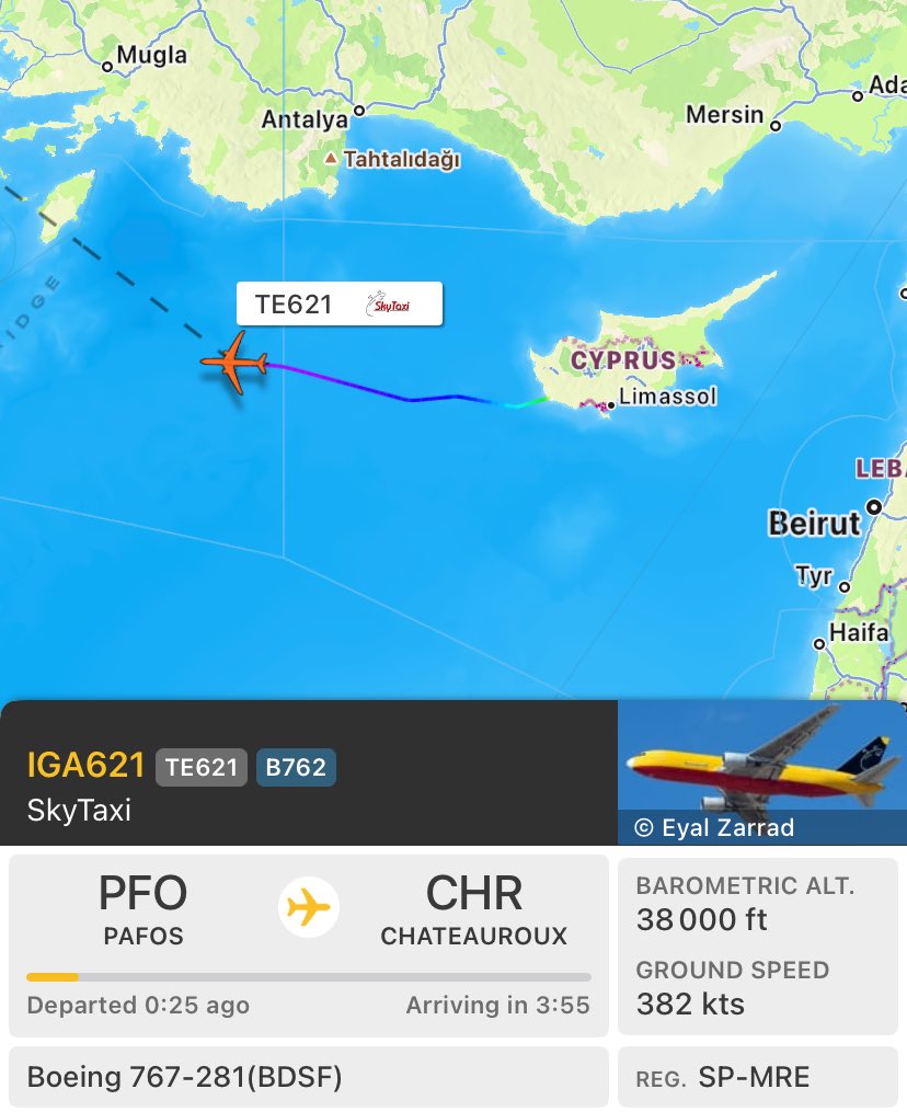 French Delivery of Arms/Ammunitions.

SkyTaxi Boeing 767 (SP-MRE) from Chateauroux Air Base, France 🇫🇷 to Pafos, Cyprus 🇨🇾 

This plane was used to transport military equipment to Ukraine too.