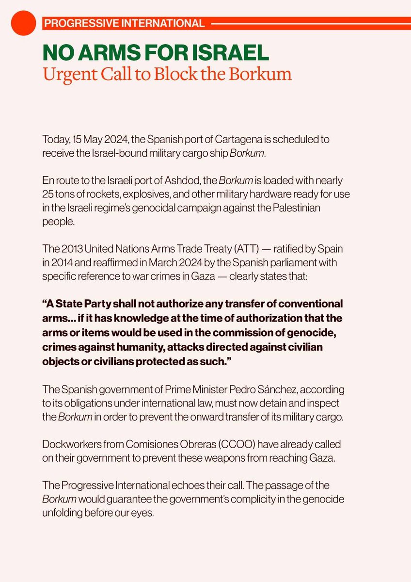 URGENT 🇪🇸🇵🇸🇮🇱 Right now, Spain’s port of Cartagena is receiving the Borkum, a military cargo ship bound for Israel. To comply with international law, Prime Minister Pedro Sánchez must now block its passage – or be complicit in the unfolding genocide of the Palestinian people.
