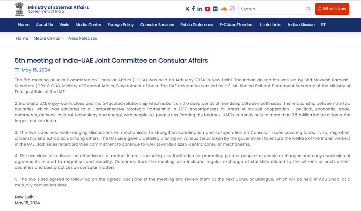 The 5th meeting of Joint Committee on Consular Affairs (JCCA) was held on 14th May 2024 in New Delhi. The two sides held wide-ranging discussions on mechanisms to strengthen coordination and co-operation on Consular issues covering labour, visa, migration, citizenship and