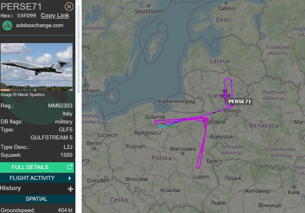 ITALY MIL PERSE71 GLF5 again patrolling over Lithuania and Poland's borders with Kaliningrad, Lithuania and Belarus.