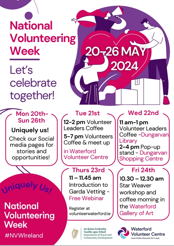 National Volunteering Week starts across the country from Monday 20th May – Sunday 26th May. This year's theme, "Uniquely Us," highlights the diverse contributions of volunteers that shape our communities. A program of events is available on their website: volunteerwaterford.ie/national-volun…