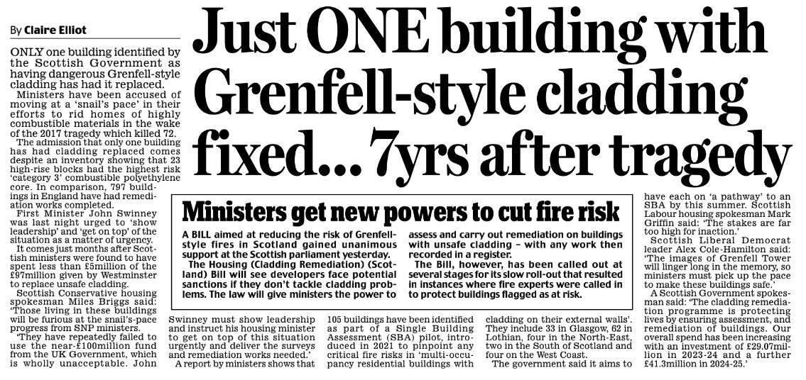 It's criminal that the SNP have done next to nothing about removing Grenfell type cladding in Scotland, do they still have the £97m UK Gov gave them?

They're playing with people's loves by doing nothing, completely unacceptable
