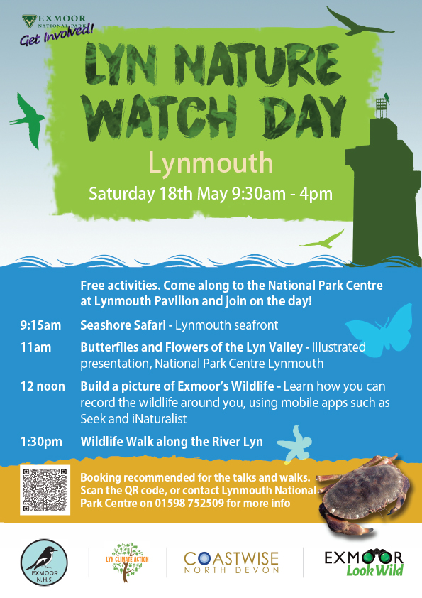 Nature Watch Day in Lynmouth on Sat 18 May
Come enjoy fun activities looking at the amazing diversity of wildlife🌊

Working in partnership with Coastwise, @DevonWildlife  #Exmoor Natural History Society @nationaltrust creating opportunities to learn, discover & record nature 🦀