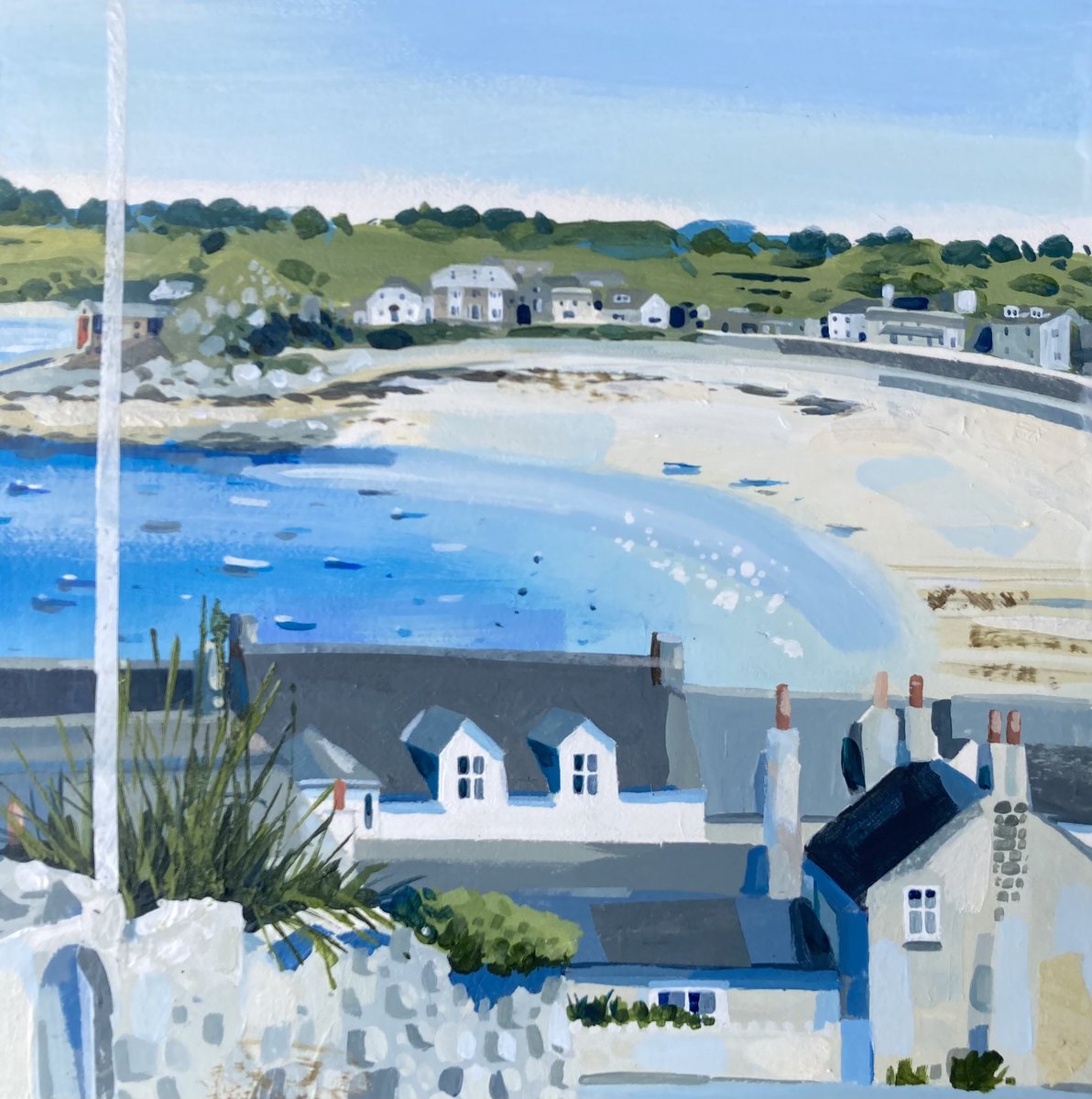 A couple of paintings are en route to @TamariskScilly. This the view down to the harbour in Hugh Town, St Mary's. I'm off there in person next week need the space in my luggage for all the necessary pants and socks. 😁