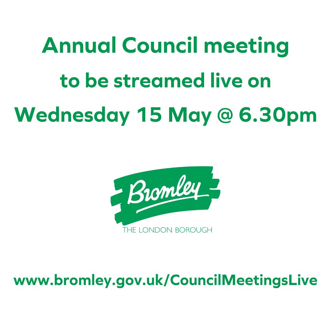 Tonight's Annual Council meeting, which starts at 6:30pm, is being live streamed. The agenda is already published and available by visiting bromley.gov.uk/CouncilMeeting… and streaming will start shortly before the meeting.