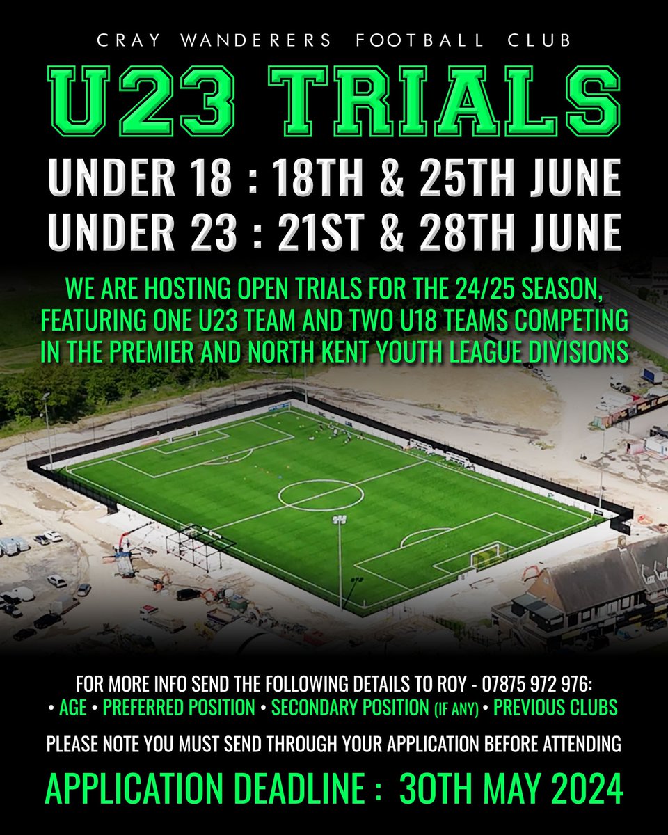 U23 & U18 Trials! For more information and to apply send your details to 07875972967