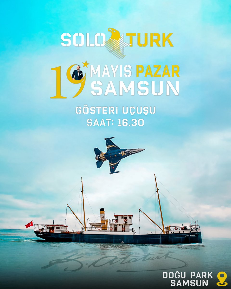SOLOTÜRK, 19 Mayıs Atatürk’ü Anma, Gençlik ve Spor Bayramı kapsamında Samsun’da gösteri uçuşu gerçekleştirecektir.

Çevre tanıma uçuşumuz:

Tarih 🗓: 17 Mayıs 2024 Cuma
Saat ⏱ : 12:00
Yer 🏫 : Doğu Park, Samsun

Prova uçuşumuz:

Tarih 🗓: 17 Mayıs 2024 Cuma
Saat ⏱ : 18:00
Yer