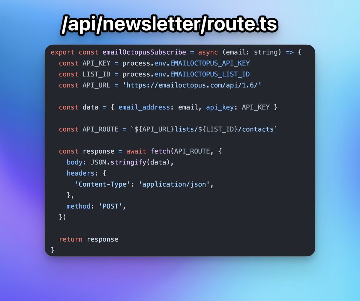 d4m1n's tweet image. Lots of people reach for expensive 3rd party SaaS to collect emails.
No need if you can throw together a few lines of code.

Set up a basic form w/ EmailOctopus &amp;amp; you&apos;re done in 10 min.
Super generous free tier.

Here&apos;s how to add to e.g. Next.js 👇