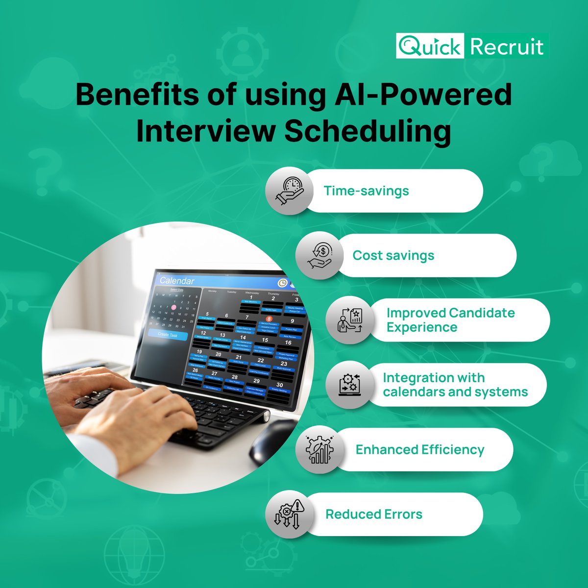 Check out the benefits of modern AI-Powered Interview Scheduling. 

Check out our platform to Streamline your Recruitment process: quickrecruit.com

#aIInterviewscheduling #aiinterviews #efficiencyboost #interviewasaservice #virtualinterviews #quickrecruit