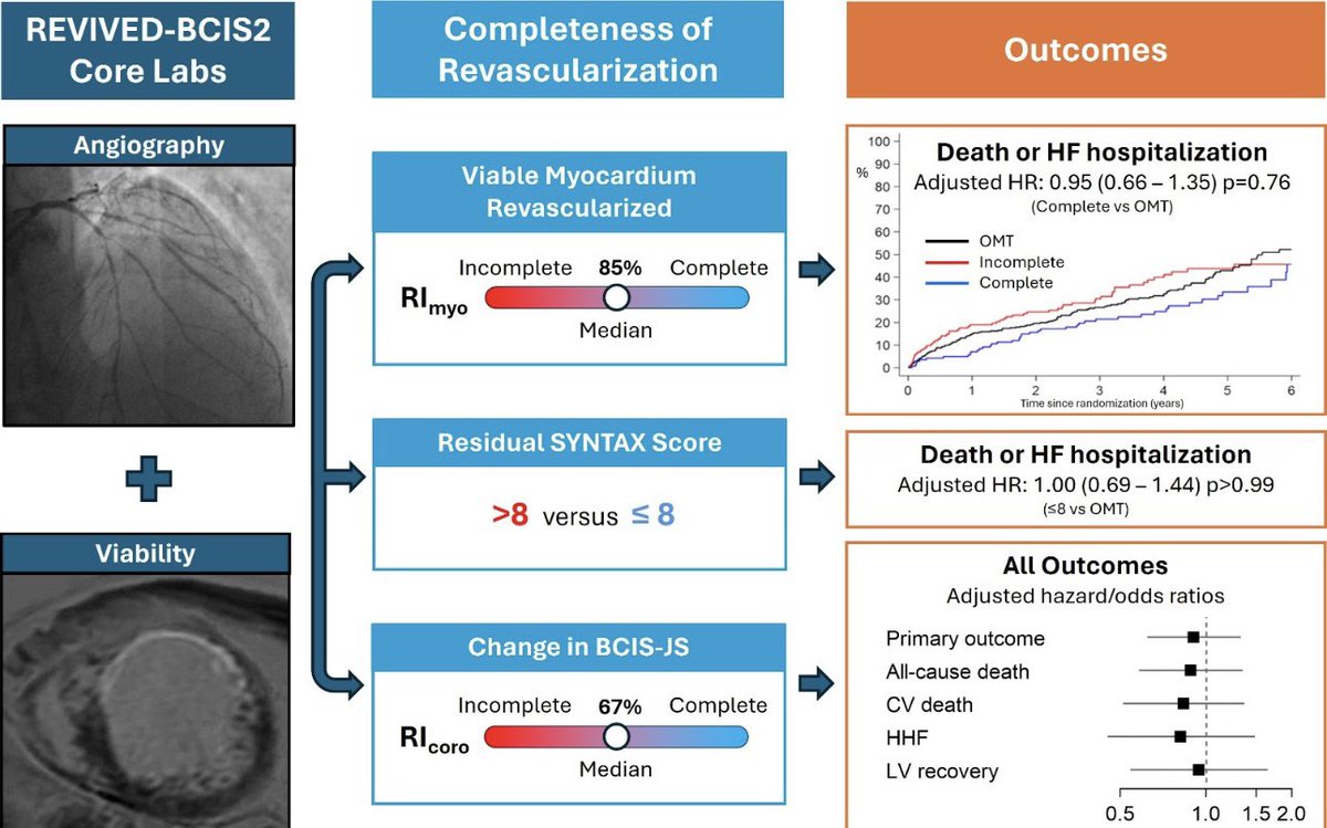 REVIVED-BCIS2
🎯NO difference in the primary or any secondary outcomes between patients who underwent complete or incomplete revascularization compared to those who received OMT.
🎯Results were similar whether the approach was guided by anatomical or viability assessments.