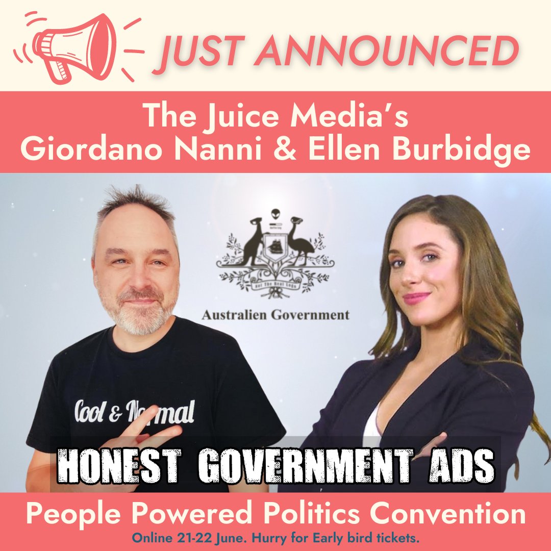 Politics is serious! Can humour save the day? Don't miss The Juice Media's Giordano Nanni and Ellen Burbidge at #PeoplePoweredPolitics Convention. Be quick for Early Bird tix - ending Friday! #Auspol @thejuicemedia communityindependentsproject.org/convention-24