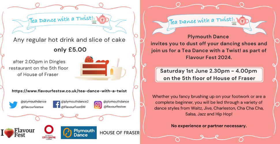 Bring your dancing shoes for a tea dance with a twist at this year's Flavour Fest!💃 🕺 Take on a number of dance styles on the afternoon of Saturday 1 June including Waltz, Jive, Charleston, Cha Cha Cha, Salsa, Jazz and Hip Hop! Find out more flavourfestsw.co.uk/tea-dance-with…