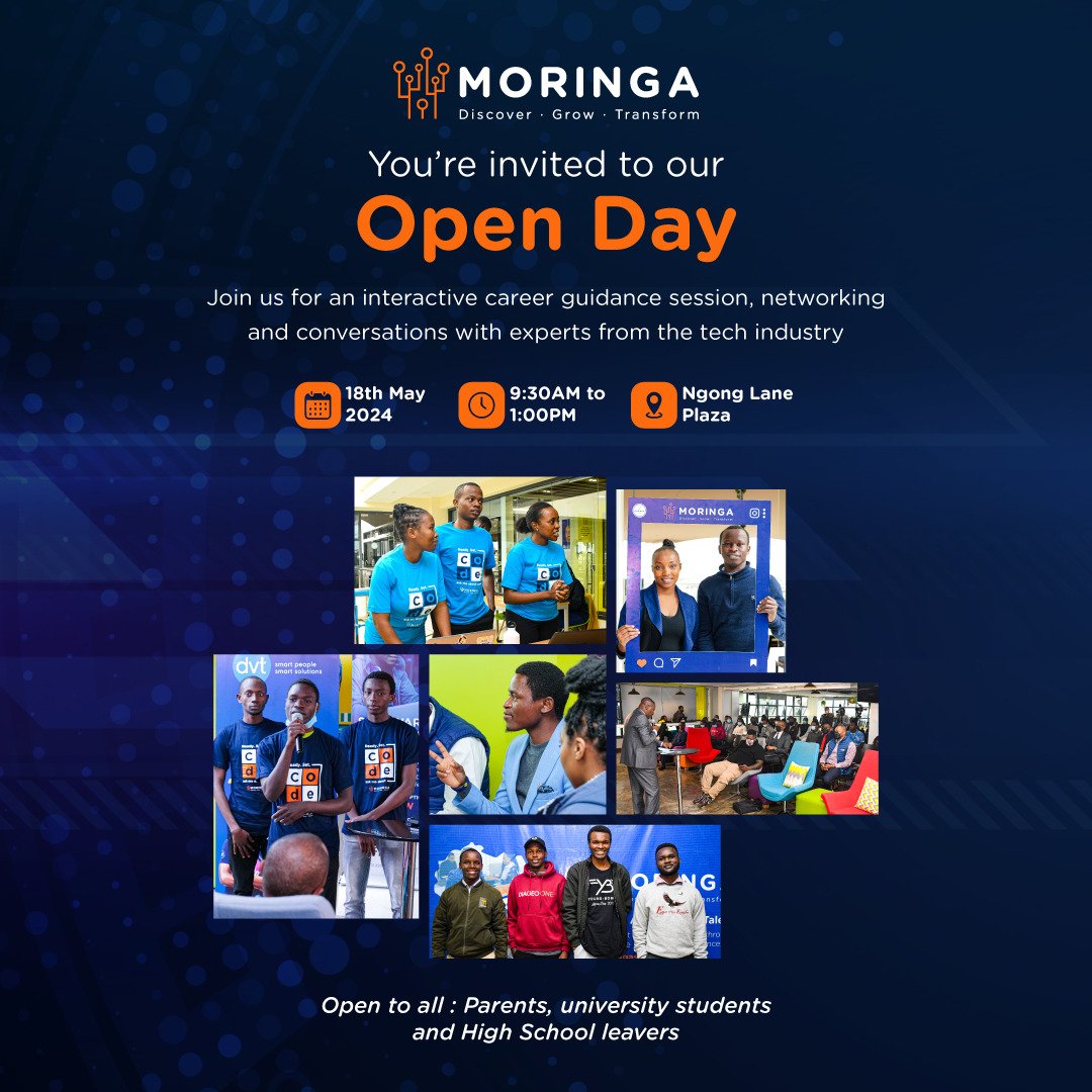 This weekend form ni hii, dive into the world of Tech with Moringa school, from 9:30 AM - 1:00 PM at Ngong Lane Plaza. From parents, to university students that are on holiday and form 4 graduate this session is for you all. RSVP lu.ma/7jbruqop