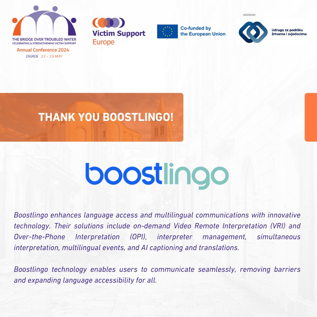 VictimSupportEU's tweet image. 🤝🏼 We’d like to extend a sincere thank you to @boostlingo, who will provide simultaneous interpretation services at #VSEAC2024!

Learn more: 2024.vse-conference.eu

#VictimSupportEU @Europarl_EN @EU2024BE @EU_Commission @NPC_116006