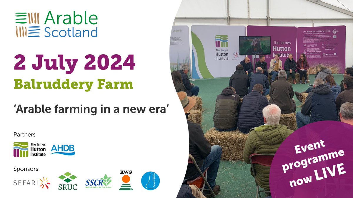 The #ArableScotland24 programme is now live! 'Arable farming in a new era' is this year's theme, join us for: - Exhibits - Workshops - Seminars - Arable conversations - Tours 📅2 July |📍Balruddery Farm 🎫: bit.ly/44K9wx3 Programme: bit.ly/3WJIrsc