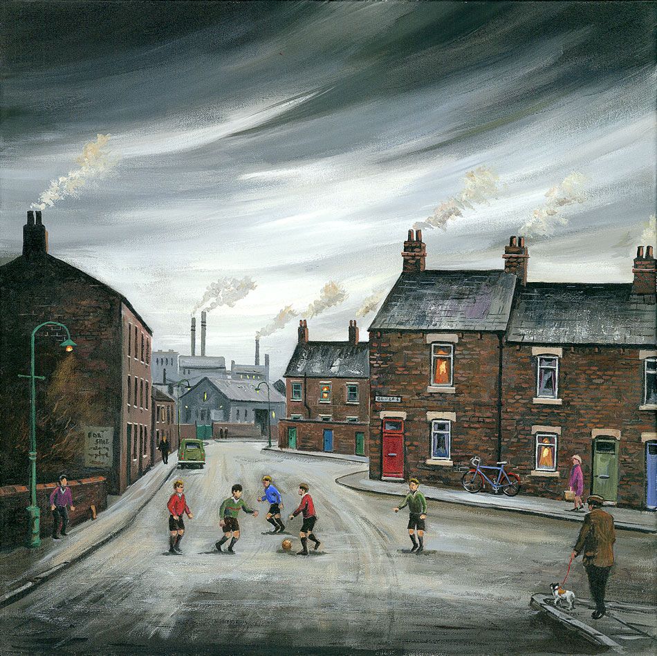 More grey skies and street football from John Wood. Where weather's concerned we Brits get a raw deal I suppose. But at least the dodgy climate is good for atmospheric paintings!