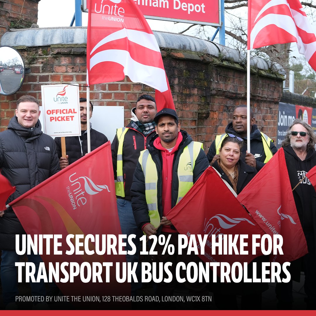 Following a hard-fought battle including extended strike action, Transport UK bus controllers have won a pay rise of 12% including an 8% rise backdated to January 2023 and a further 4% for this year. unitetheunion.org/news-events/ne…