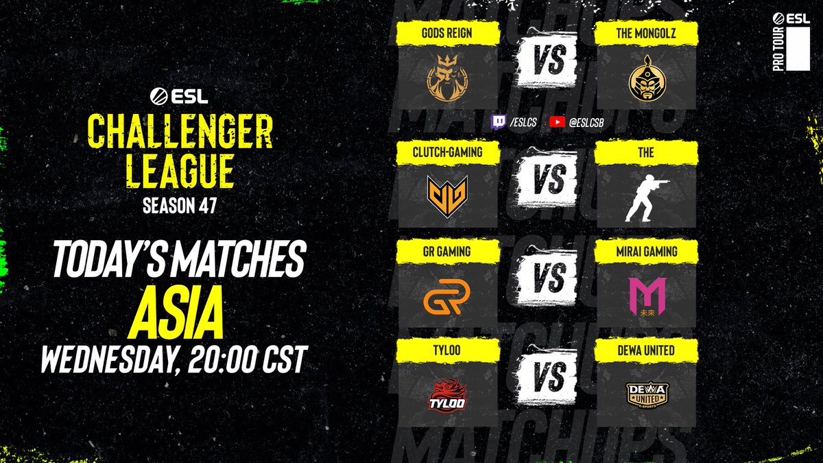 We've got plenty more Asian #ESLChallengerLeague action coming your way in 30 minutes! ⚔ @GodsReignIN vs. @1mongolz 🎙 @pilskicasts & @Elfishguy 📺 /eslcs