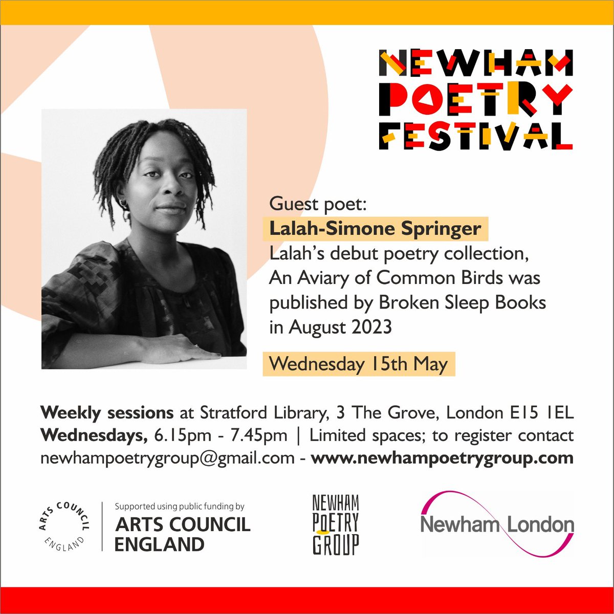 Today we have Special guest poet 
Lalah-Simone Springer - session is open to registered members only - To register please email newhampoetrygroup@gmail #PoetryForAll  #PoetryFest #NewhamPoetryFest is possible Thanks to @ace__london #Newhampoets #newhamculture