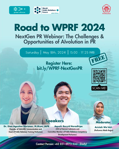 Perhumas Muda Bogor presents:
For those curious about the role of Artificial Intelligence (AI) in reshaping the PR landscape, we have exciting news!
📅: Saturday, May 18th, 2024
🕕: 3:00 PM - 5:25 PM WIB
📍: Zoom Meeting

FREE!
Register now at:
bit.ly/WPRF-NextGenPR

#WPRF2024