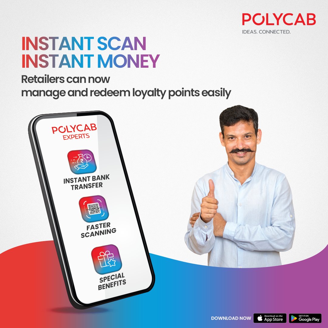 Electrical retailers can now avail multiple benefits like instant redemption of points, faster scanning process, and more with the Polycab Experts App! Click the link to download the app: bit.ly/3UyGyLY ​ #Polycab #IdeasConnected #PolycabExpertsApp
