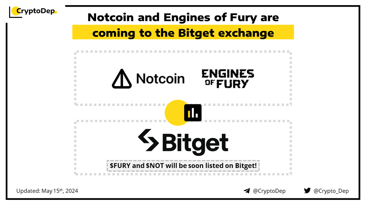 ⚡️ @Thenotcoin and @EnginesOfFury are coming to the Bitget exchange Trading for $FURY and $NOT will be live on Bitget on May 15th, at 11:00 AM UTC, and on May 16th, at 12:00 UTC respectively. Engines of Fury is an F2P top-down extraction shooter designed for web3. Notcoin is a