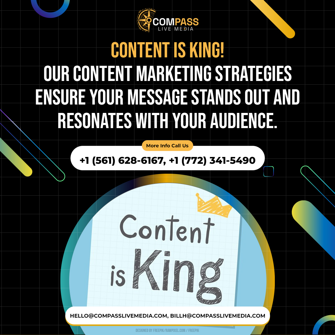 Content is king! Our content marketing strategies ensure your message stands out and resonates with your audience. 👑 #ContentMarketing #BrandAwareness #DigitalContent #compasslivemedia