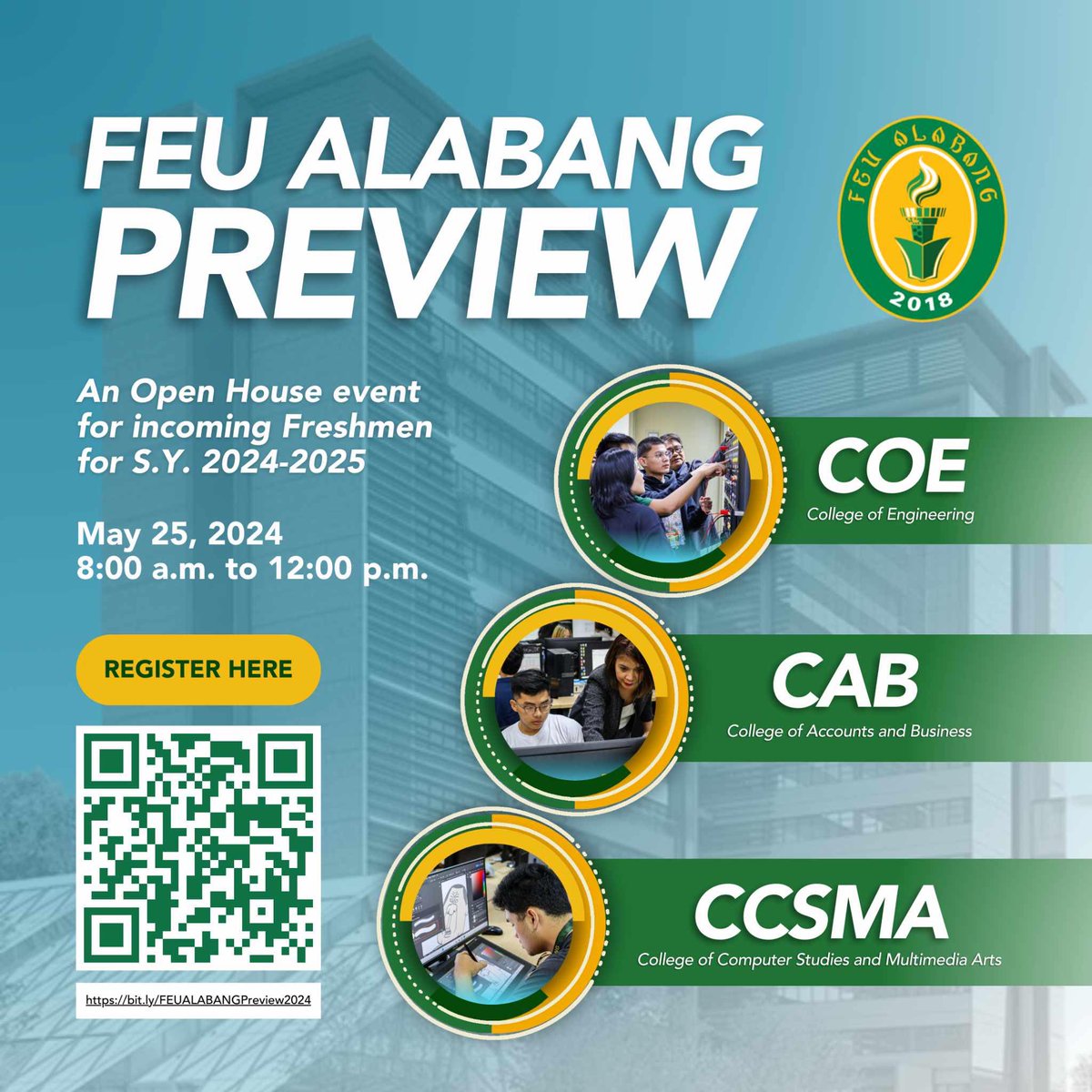Explore FEU Alabang’s college program offerings and experience what it’s like to be part of the Tamaraw community!

𝗥𝗲𝗴𝗶𝘀𝘁𝗲𝗿 𝗻𝗼𝘄 through the QR code or this link: bit.ly/FEUALABANGPrev…