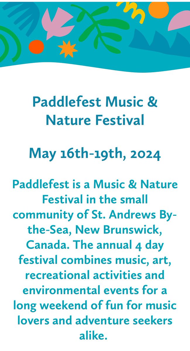 Looking forward to four days off from tomorrow - my first vacation in six months - at Paddlefest in St. Andrews.

This event is a great supporter of <a href="/NatureTrustNB/">Nature Trust of NB</a>, has wonderful music with talented East Coast artists combined with a gorgeous location and great people. Fun!! 😊