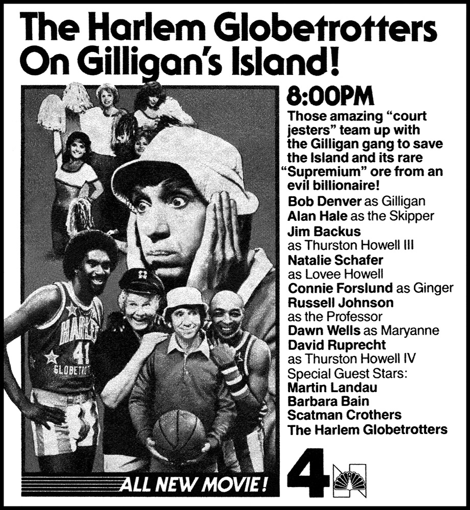 43 years ago today, the made-for-TV comedy film The Harlem Globetrotters on Gilligan's Island aired on NBC. It is the third of three movies that reunited the cast of the 1964–1967 sitcom Gilligan's Island. #80stv