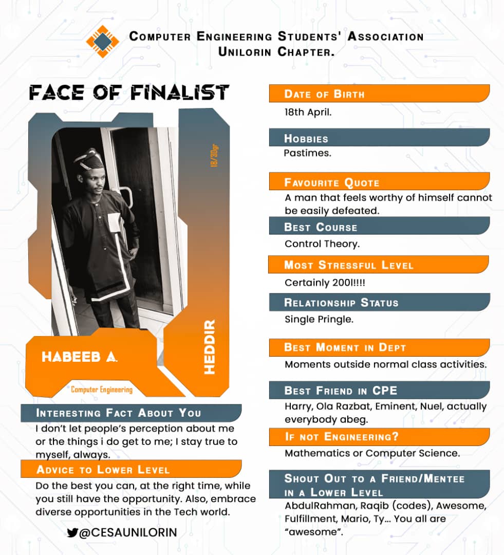 🎓 Meet *Habeeb*, the one true free spirit of the department 😹

 *Habeeb* is the Co-founder of *Swiftex Technologies*

Cheers to our finalist!🌟

#FaceOfTheFinalist #ClassOf2023