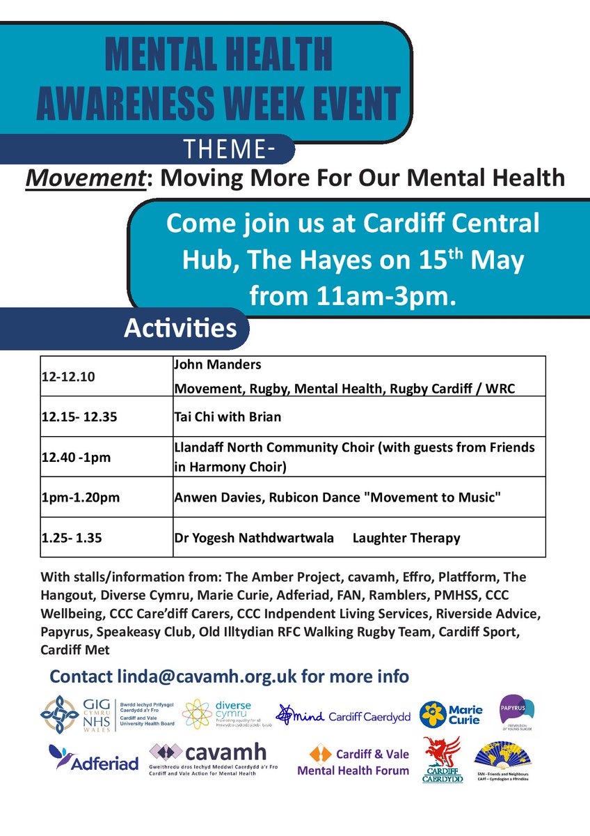 Today's schedule for our FREE Mental Health Awareness Week event at #YourCentralLibraryHub #MentalHealthAwarenessWeek #MentalHealthAwarenessWeek2024 #MentalHealthAwareness #FreeEvent #AmDdim #Cardiff #Caerdydd