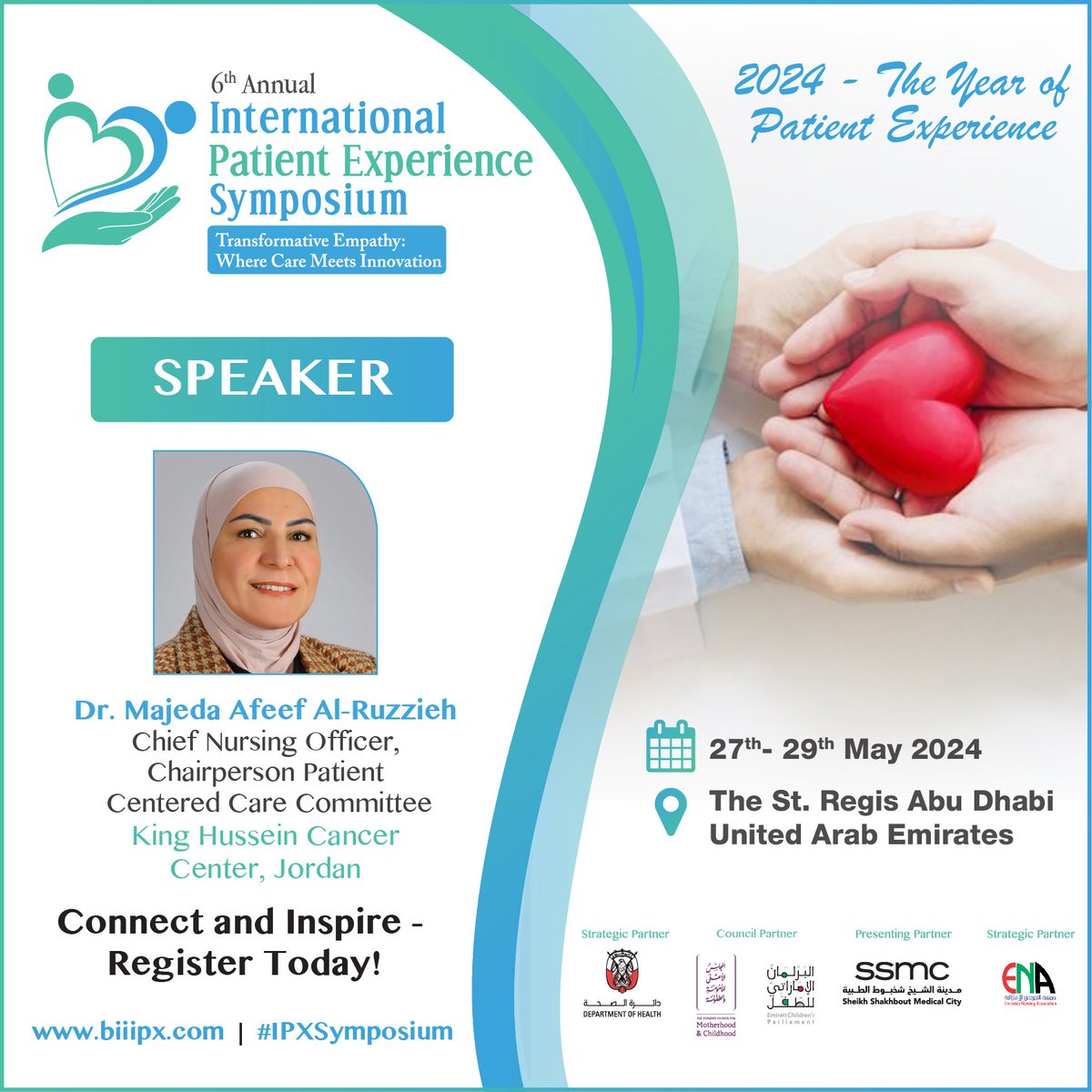 Dr. Majeda Afeef Al-Ruzzieh, Chief #Nursing Officer at @KHCFKHCC, Jordan, will be joining us as a distinguished speaker at the 6th Annual International #PatientExperience Symposium! Register Now: biiipx.com/register
#IPXSymposium #IPX #PX2024 #HealthcareInnovation  #patients