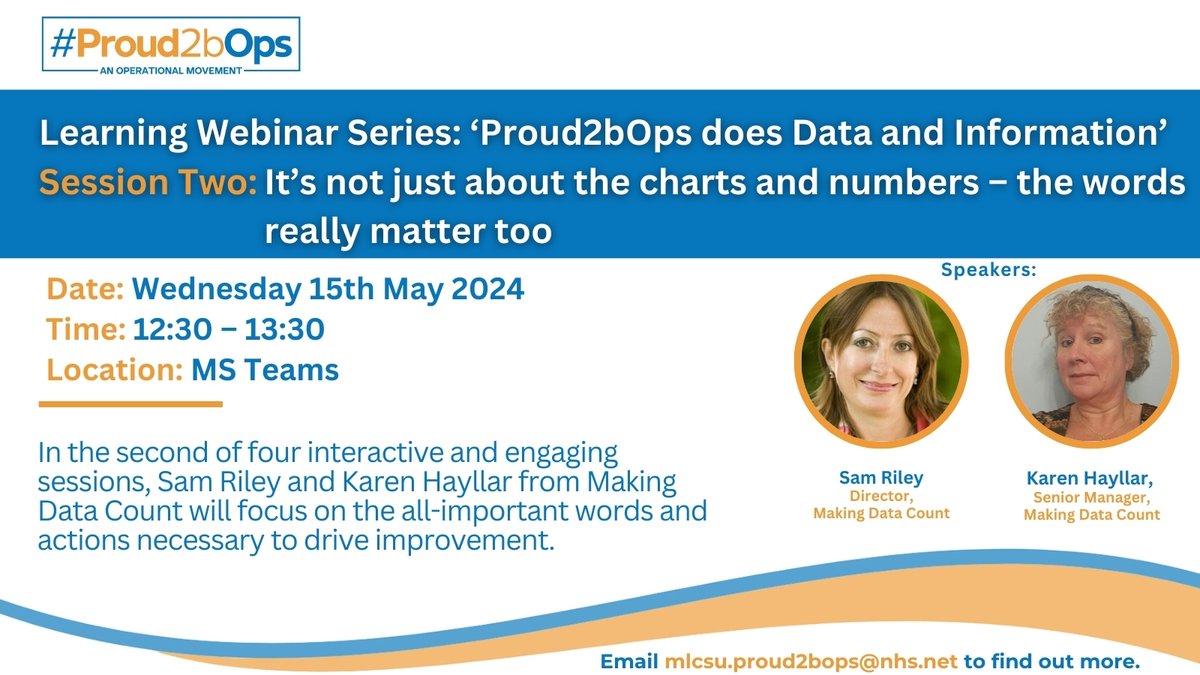 📸 This is the second session of our four-part webinar series “Proud2bOps does Data and Information” - With speakers, @samriley, Director at @NHSEngland's Making Data Count, and @KarenHayllar, Senior Manager at Making Data Count. 📧 Members, check your inbox!